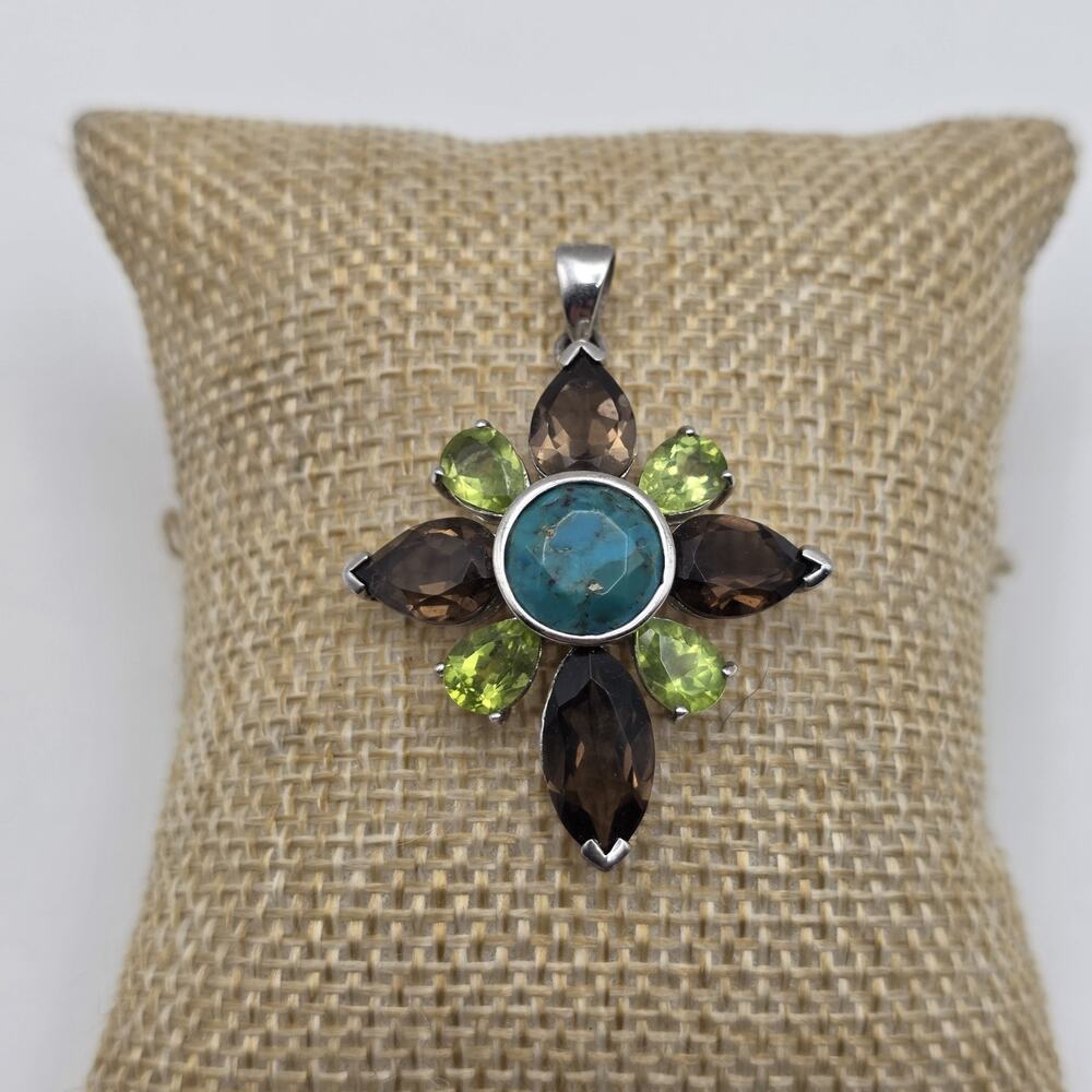 ATI Thailand Sterling Silver Turquoise Peridot Quartz Flower Pendant